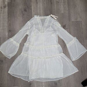 Lovestitch NWT White Lace & Sheer Polka Dot Dress Tassels Ruffle Sleeves Size M